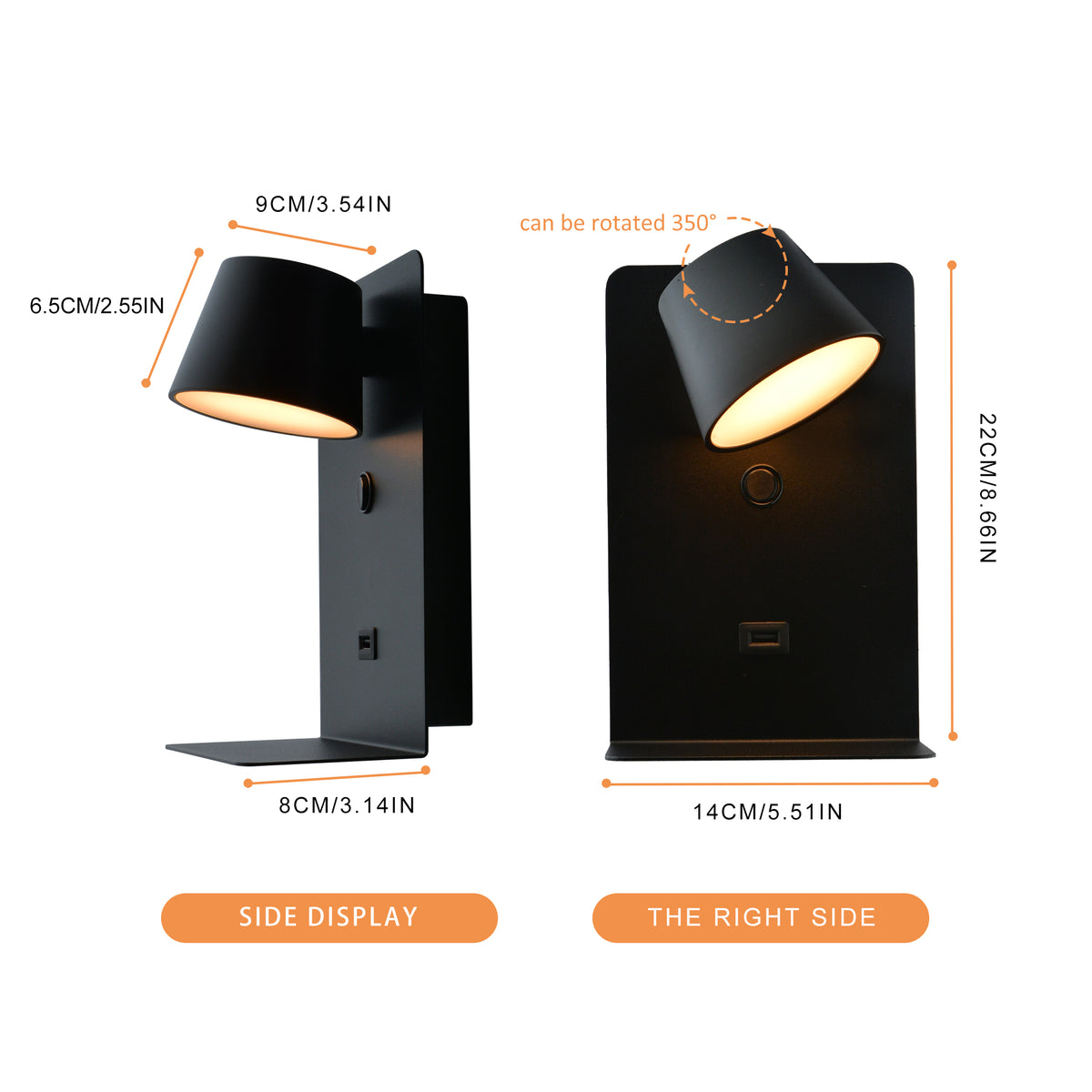 Black Plug-In LED Wall Sconce with Shelf and USB Port for Bedroom