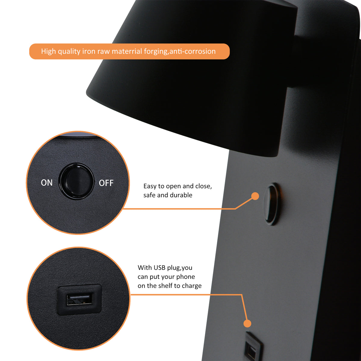 Black Plug-In LED Wall Sconce with Shelf and USB Port for Bedroom