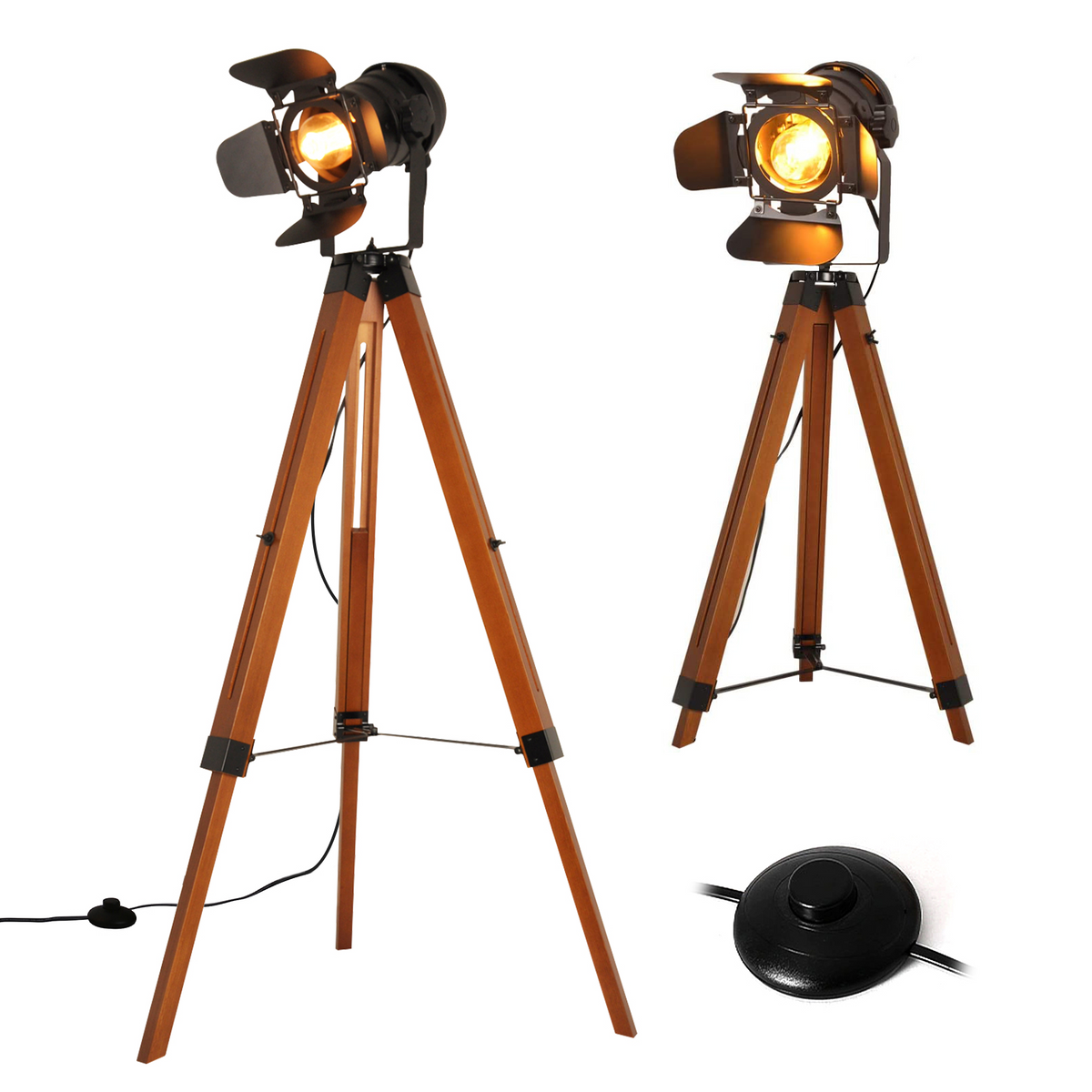 Black cinema tripod floor lamp with barn door spotlight shade