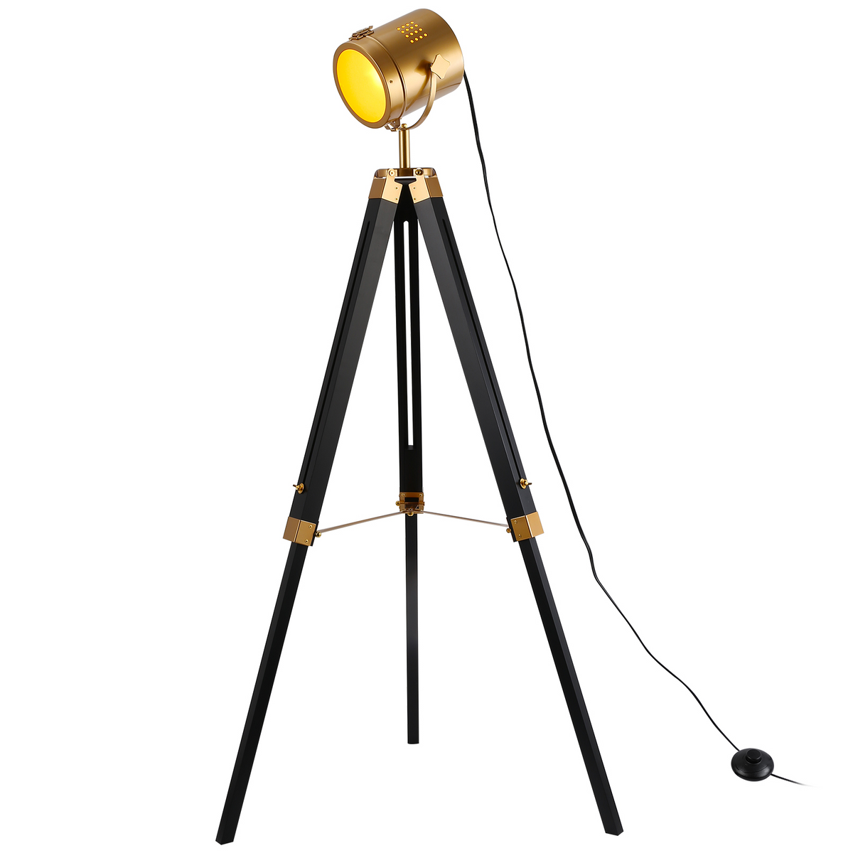 Black and gold industrial tripod floor lamp with rotatable spotlight shade