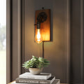 Industrial Single Wall Sconce with Wood Backplate