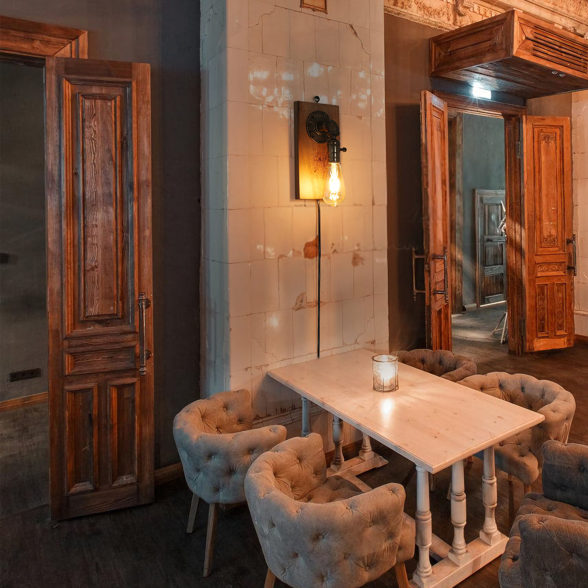 Industrial Single Wall Sconce with Wood Backplate