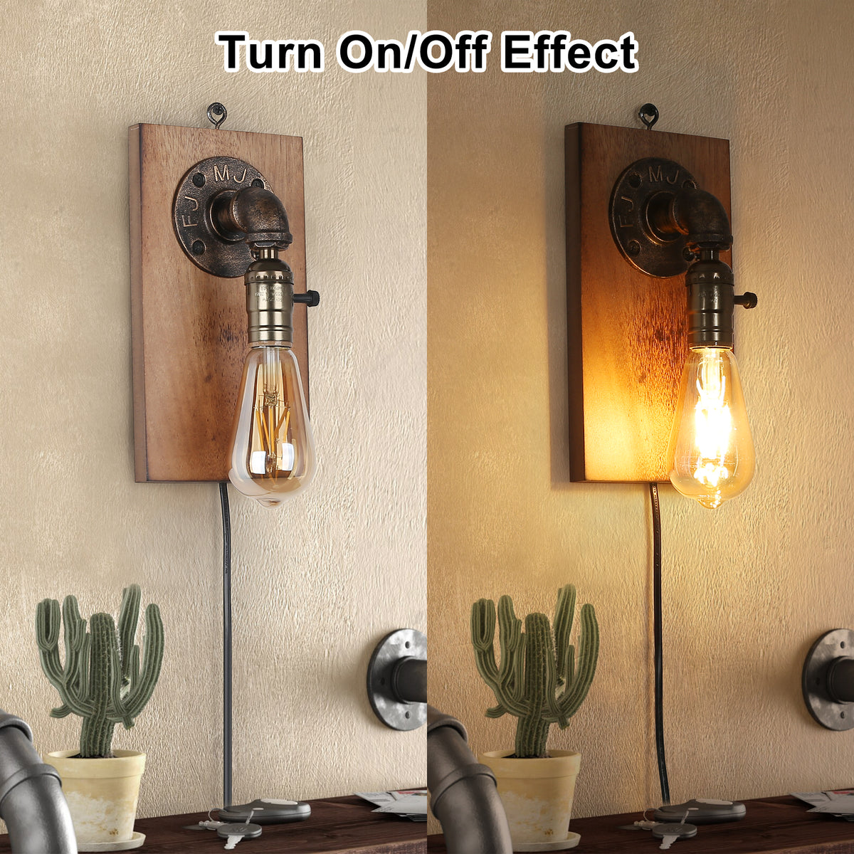 Industrial Single Wall Sconce with Wood Backplate